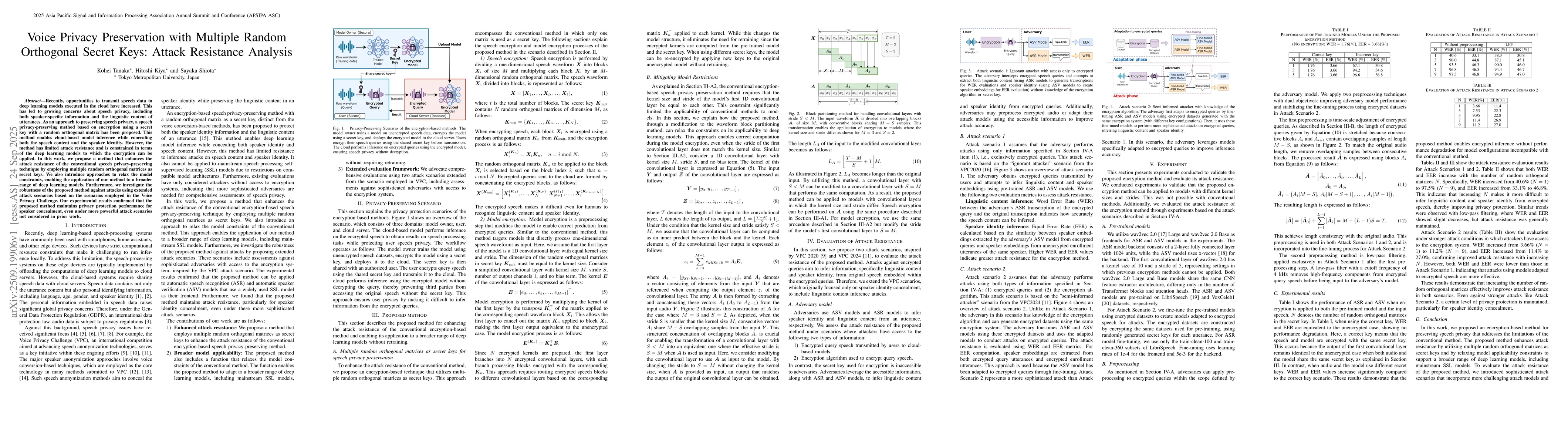 Thumbnail for Voice Privacy Preservation with Multiple Random Orthogonal Secret Keys:
  Attack Resistance Analysis