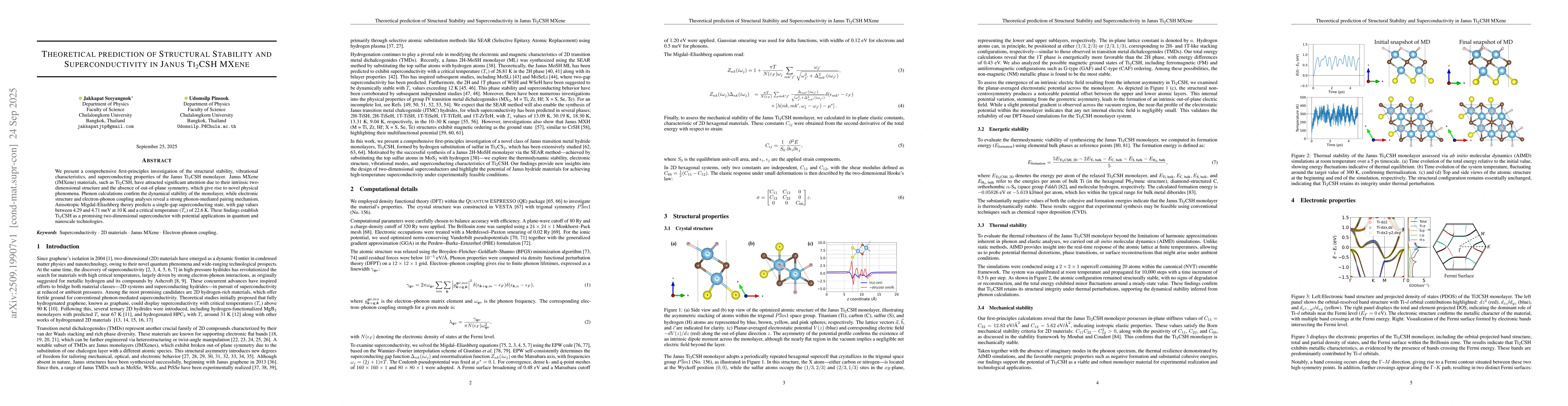 Thumbnail for Theoretical prediction of Structural Stability and Superconductivity in
  Janus Ti2CSH MXene