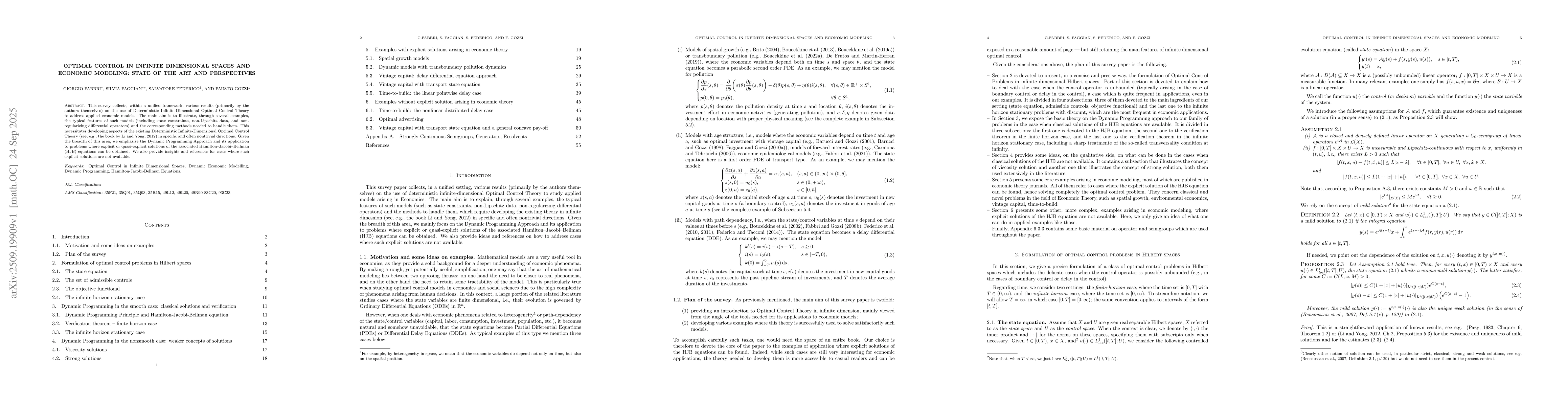 Thumbnail for Optimal Control in Infinite Dimensional Spaces and Economic Modeling:
  State of the Art and Perspectives