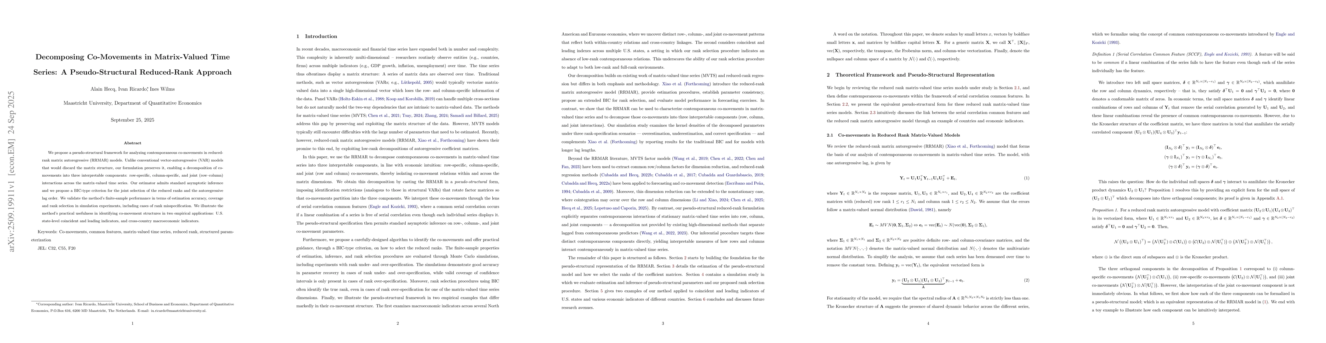 Thumbnail for Decomposing Co-Movements in Matrix-Valued Time Series: A
  Pseudo-Structural Reduced-Rank Approach