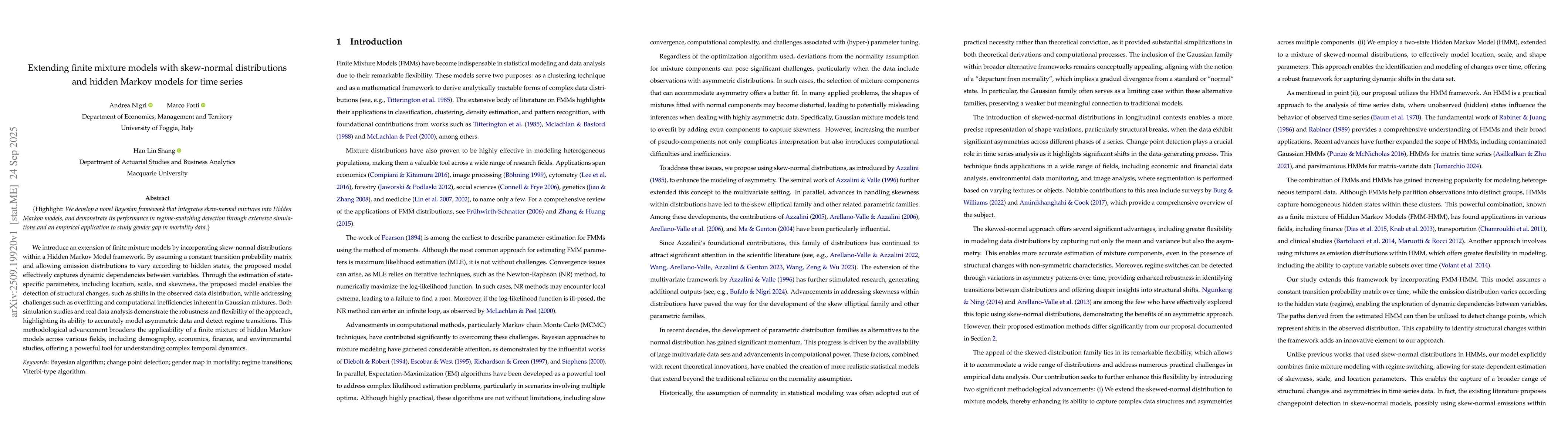 Thumbnail for Extending finite mixture models with skew-normal distributions and
  hidden Markov models for time series