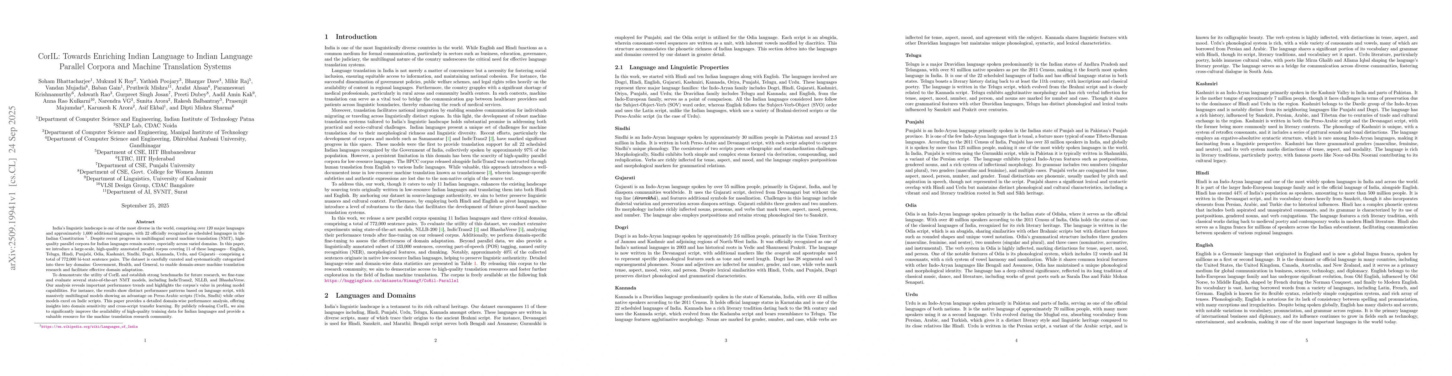 Thumbnail for CorIL: Towards Enriching Indian Language to Indian Language Parallel
  Corpora and Machine Translation Systems