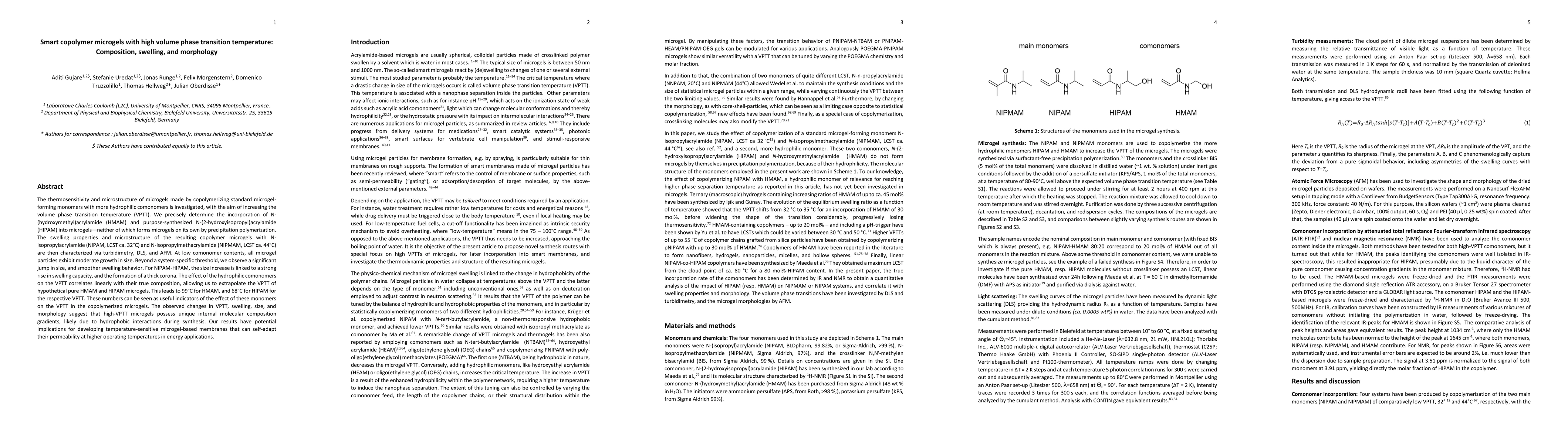 Thumbnail for Smart copolymer microgels with high volume phase transition temperature:
  Composition, swelling, and morphology