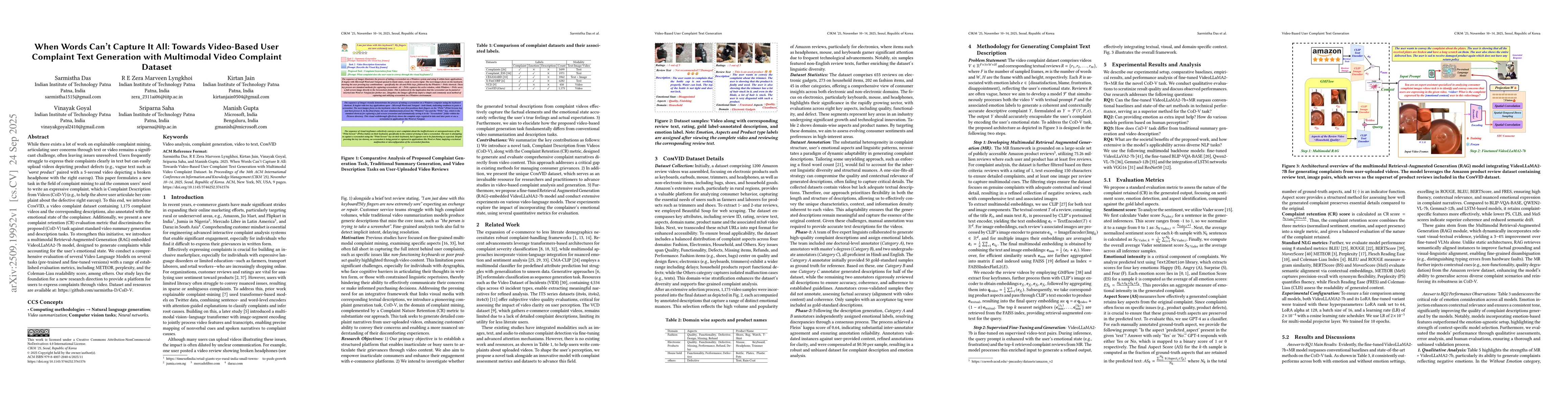 Thumbnail for When Words Can't Capture It All: Towards Video-Based User Complaint Text
  Generation with Multimodal Video Complaint Dataset