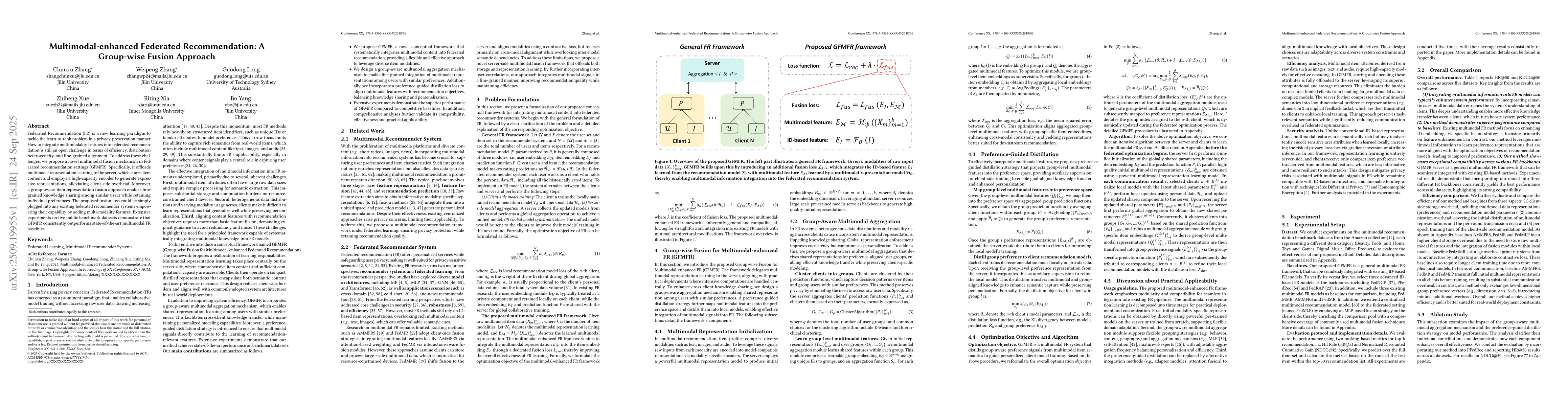 Thumbnail for Multimodal-enhanced Federated Recommendation: A Group-wise Fusion
  Approach