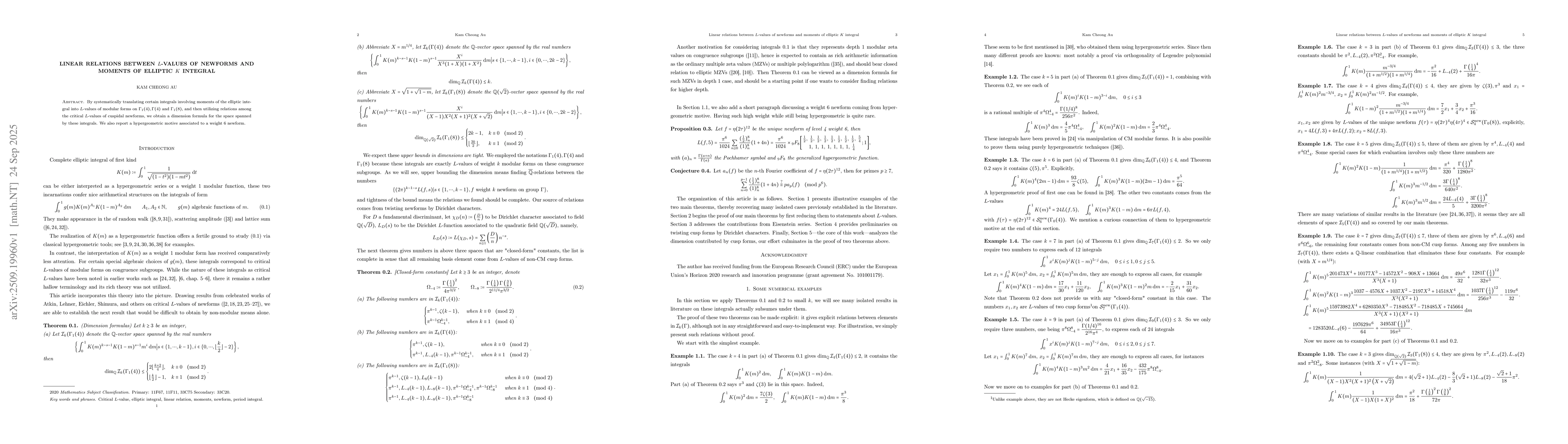 Thumbnail for Linear relations between $L$-values of newforms and moments of elliptic
  $K$ integral