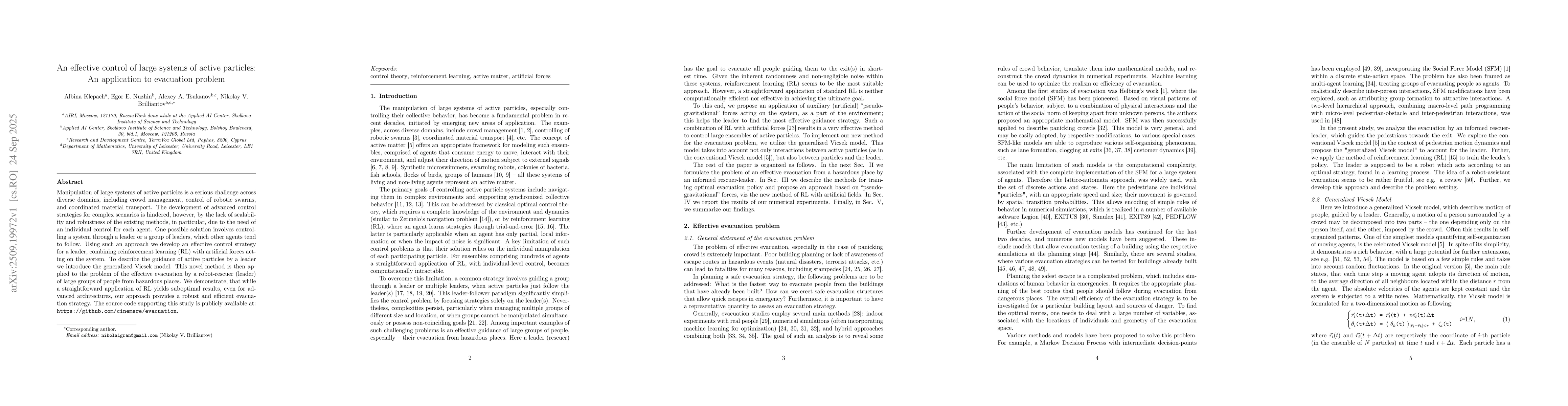 Thumbnail for An effective control of large systems of active particles: An
  application to evacuation problem
