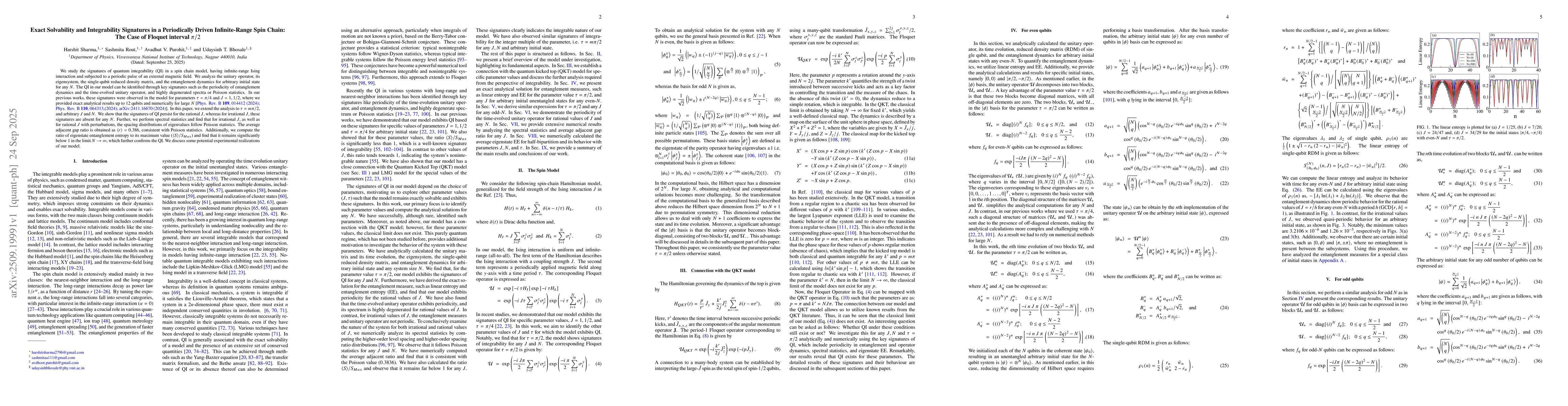 Thumbnail for Exact Solvability and Integrability Signatures in a Periodically Driven
  Infinite-Range Spin Chain: The Case of Floquet interval $π/2$