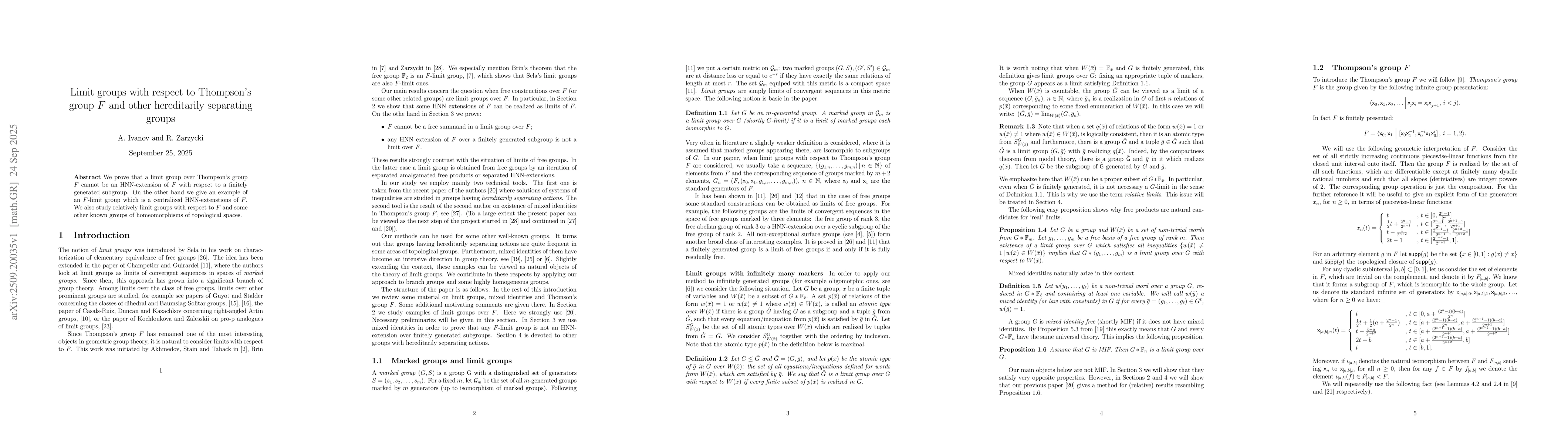 Thumbnail for Limit groups with respect to Thompson's group $F$ and other hereditarily
  separating groups