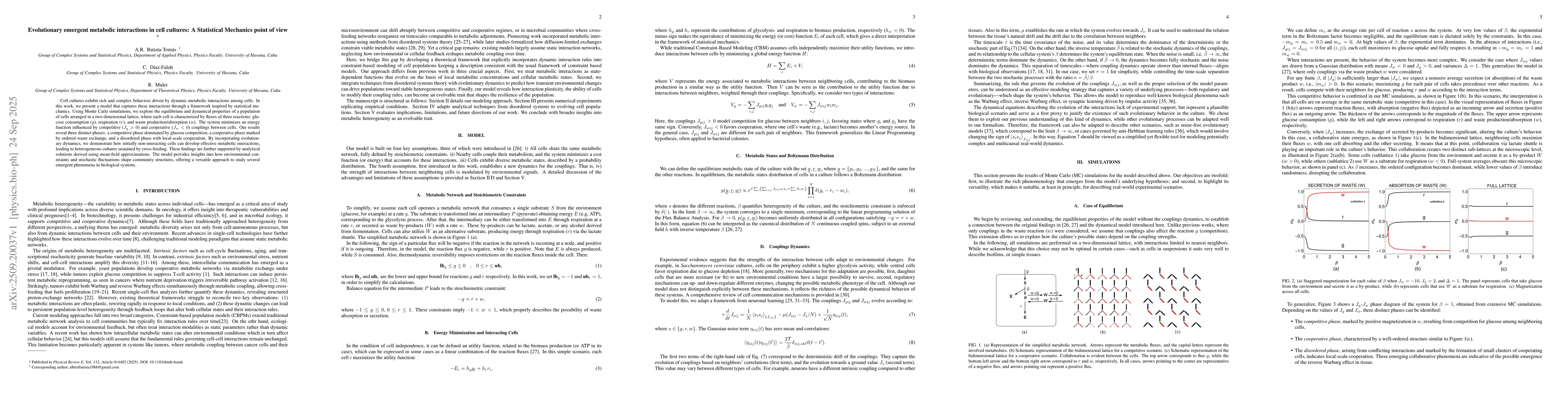 Thumbnail for Evolutionary emergent metabolic interactions in cell cultures: A
  Statistical Mechanics point of view