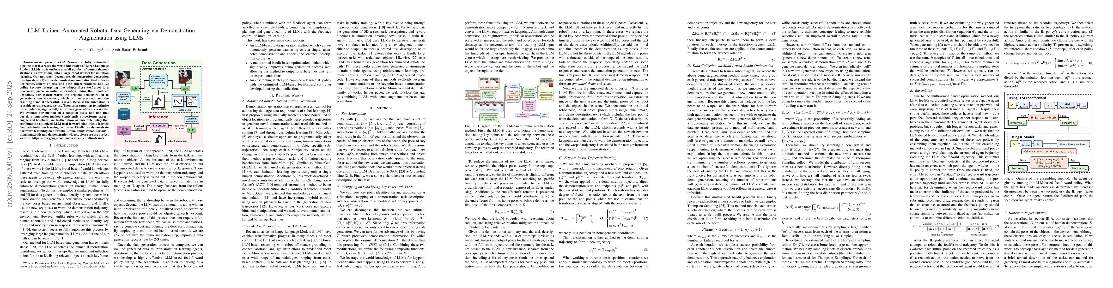 Thumbnail for LLM Trainer: Automated Robotic Data Generating via Demonstration
  Augmentation using LLMs