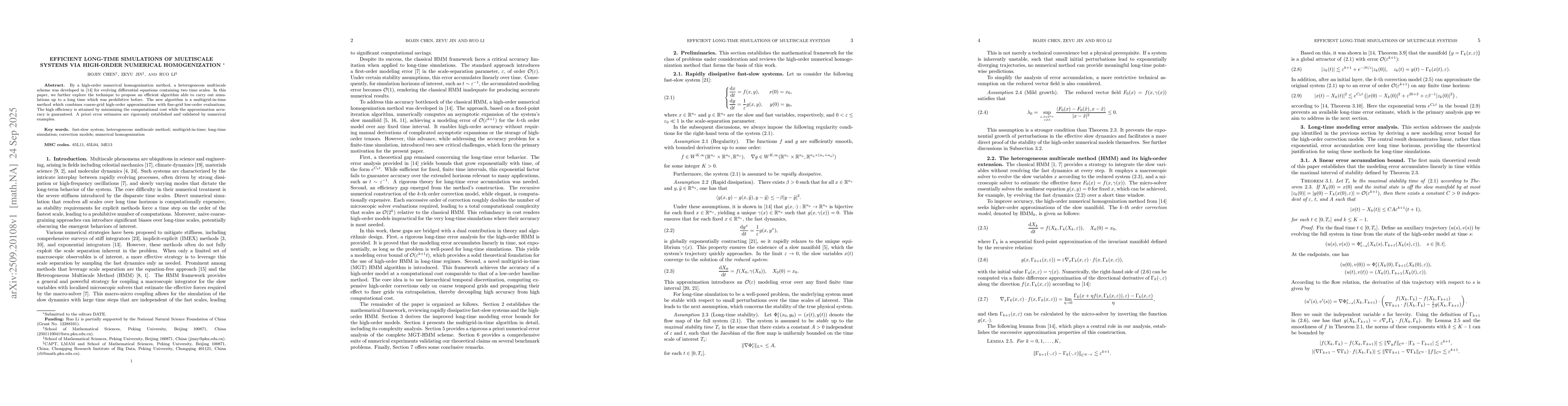 Thumbnail for Efficient Long-Time Simulations of Multiscale Systems via High-Order
  Numerical Homogenization