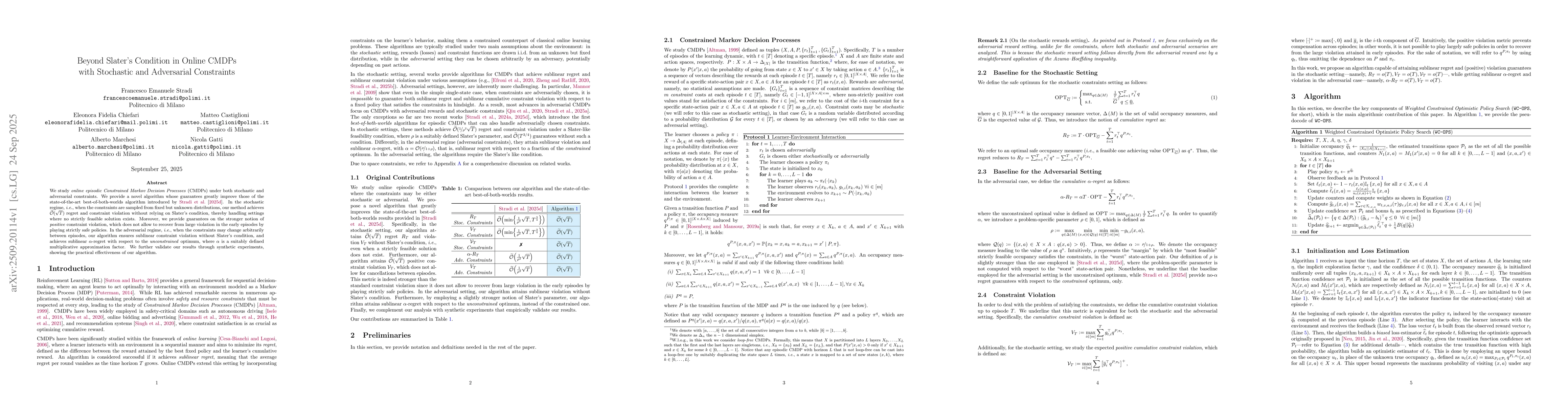 Thumbnail for Beyond Slater's Condition in Online CMDPs with Stochastic and
  Adversarial Constraints