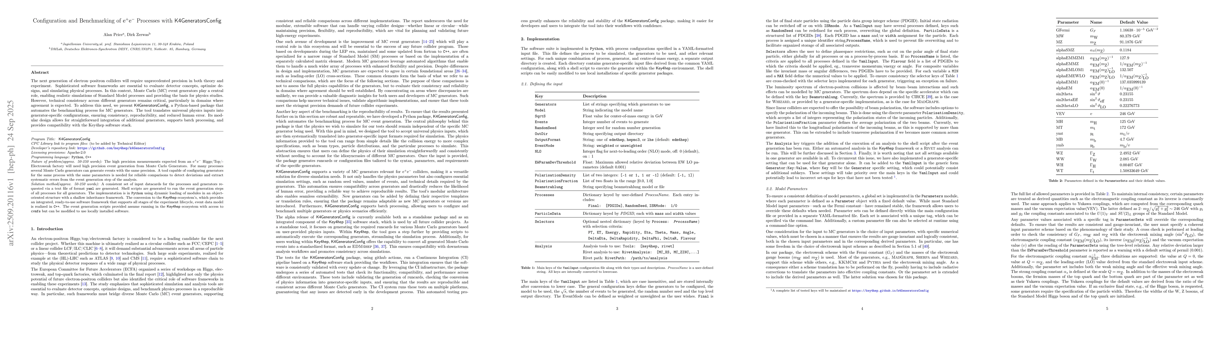 Thumbnail for Configuration and Benchmarking of $\mathrm{e}^+\mathrm{e}^-$ Processes
  with K4GeneratorsConfig