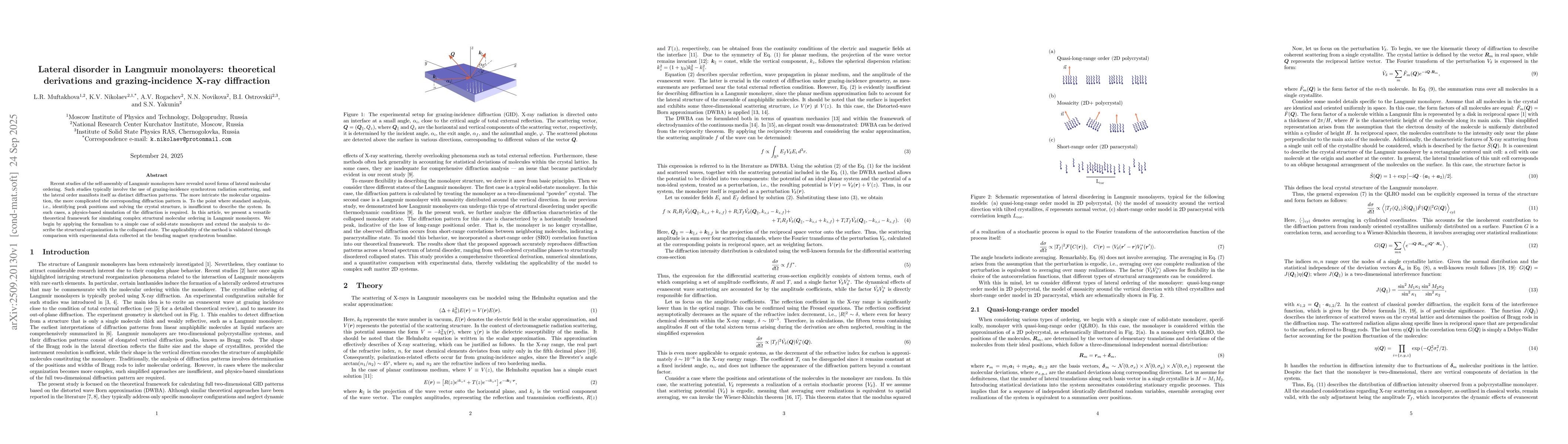 Thumbnail for Lateral disorder in Langmuir monolayers: theoretical derivations and
  grazing-incidence X-ray diffraction