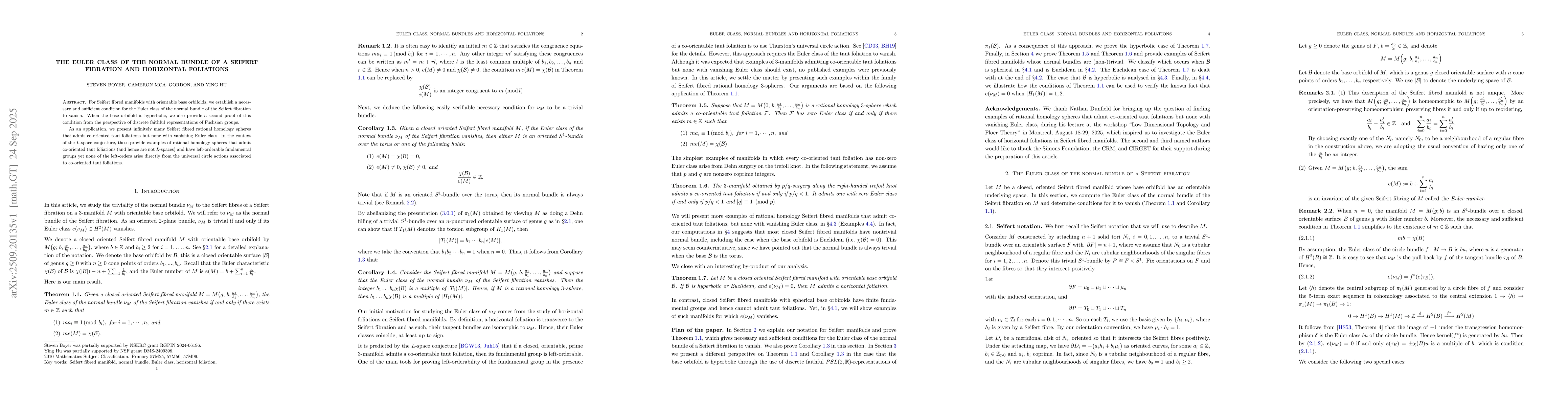 Thumbnail for The Euler class of the normal bundle of a Seifert fibration and
  horizontal foliations