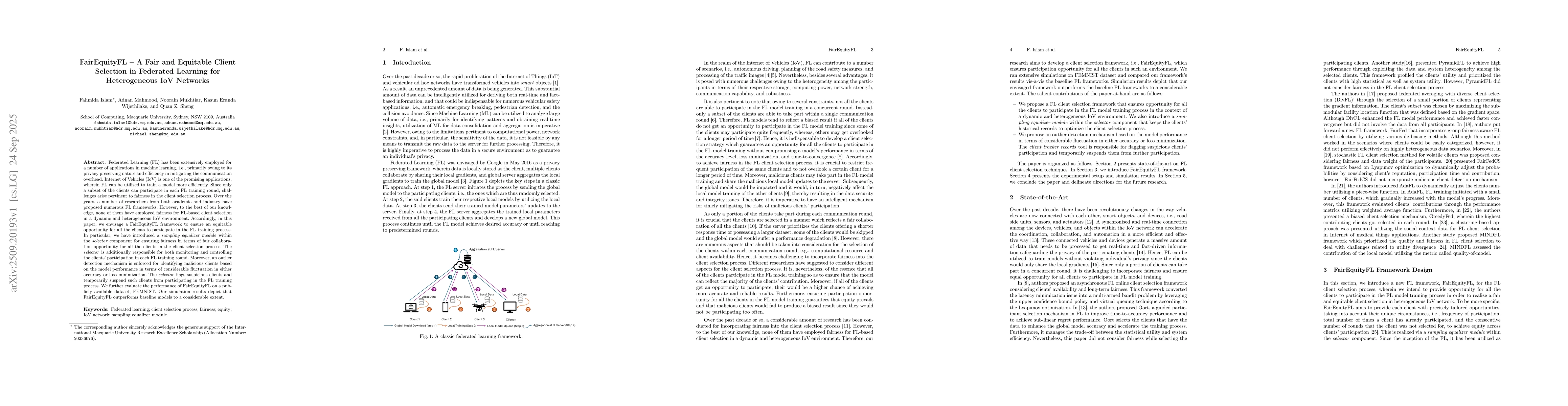 Thumbnail for FairEquityFL -- A Fair and Equitable Client Selection in Federated
  Learning for Heterogeneous IoV Networks