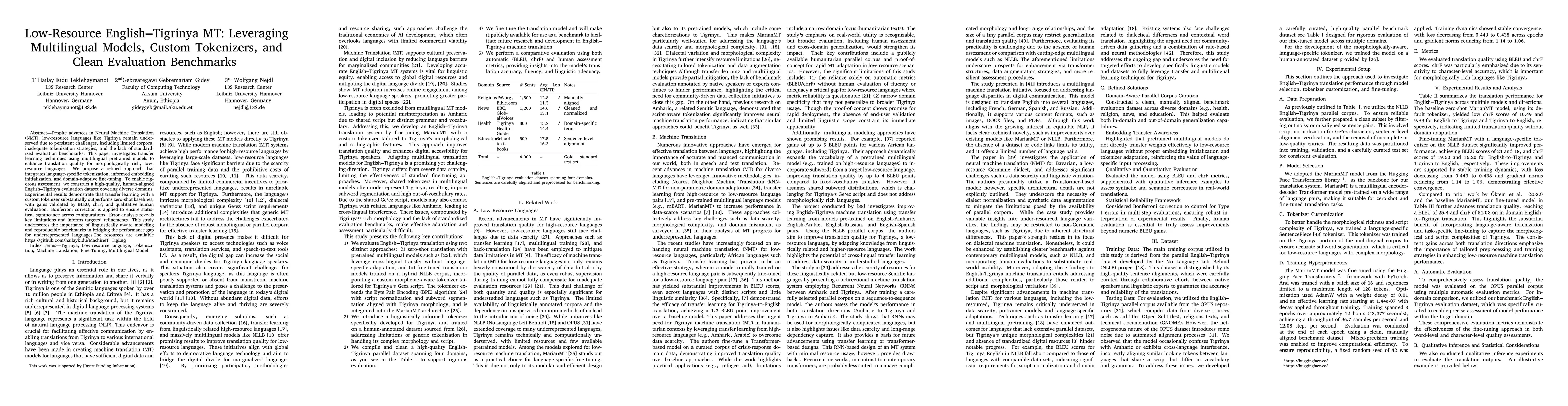 Thumbnail for Low-Resource English-Tigrinya MT: Leveraging Multilingual Models, Custom
  Tokenizers, and Clean Evaluation Benchmarks