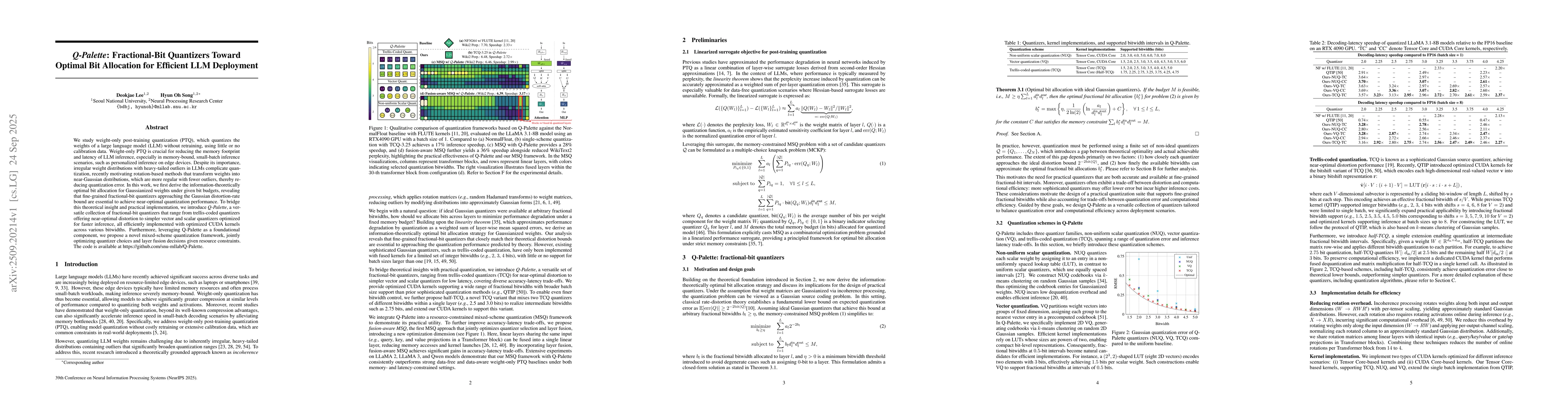 Thumbnail for Q-Palette: Fractional-Bit Quantizers Toward Optimal Bit Allocation for
  Efficient LLM Deployment