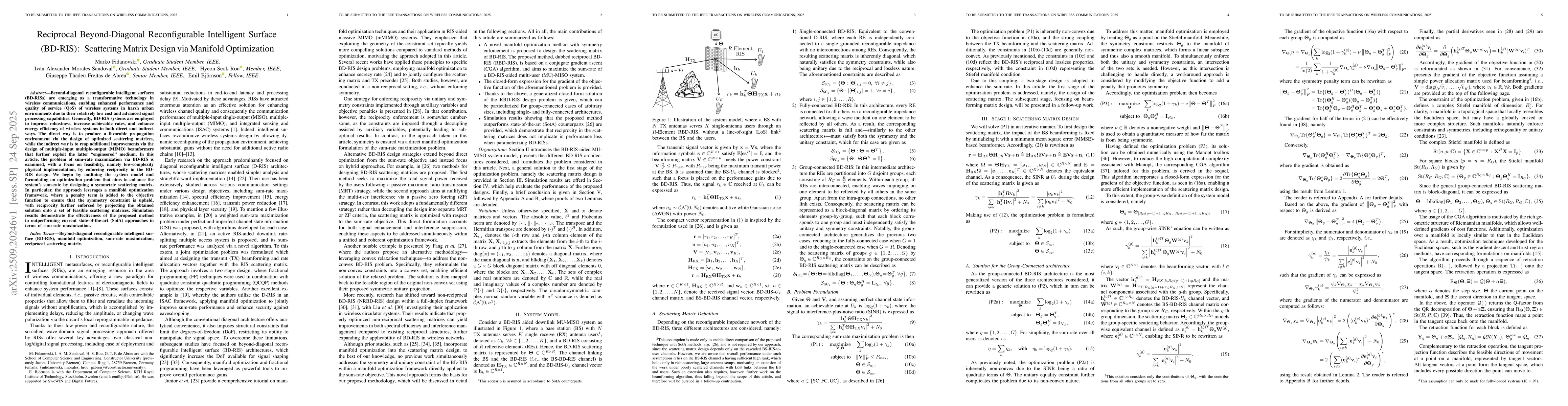 Thumbnail for Reciprocal Beyond-Diagonal Reconfigurable Intelligent Surface (BD-RIS):
  Scattering Matrix Design via Manifold Optimization