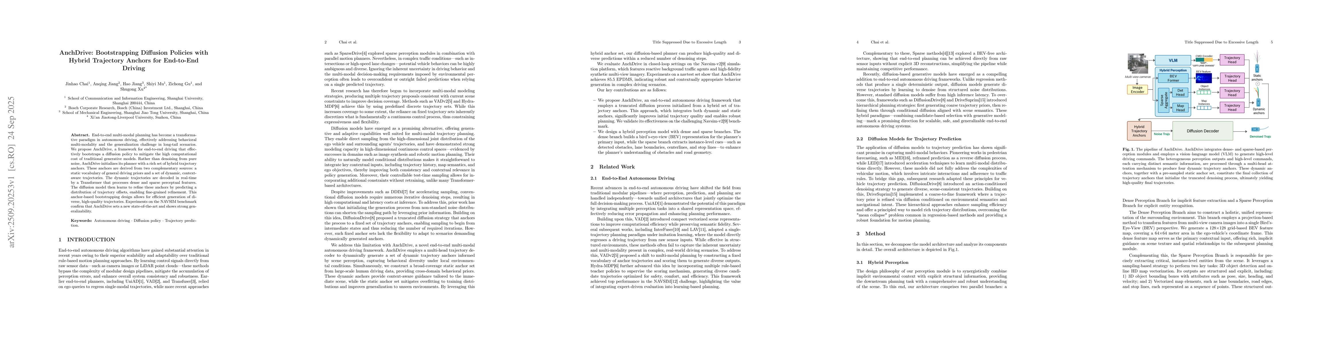 Thumbnail for AnchDrive: Bootstrapping Diffusion Policies with Hybrid Trajectory
  Anchors for End-to-End Driving
