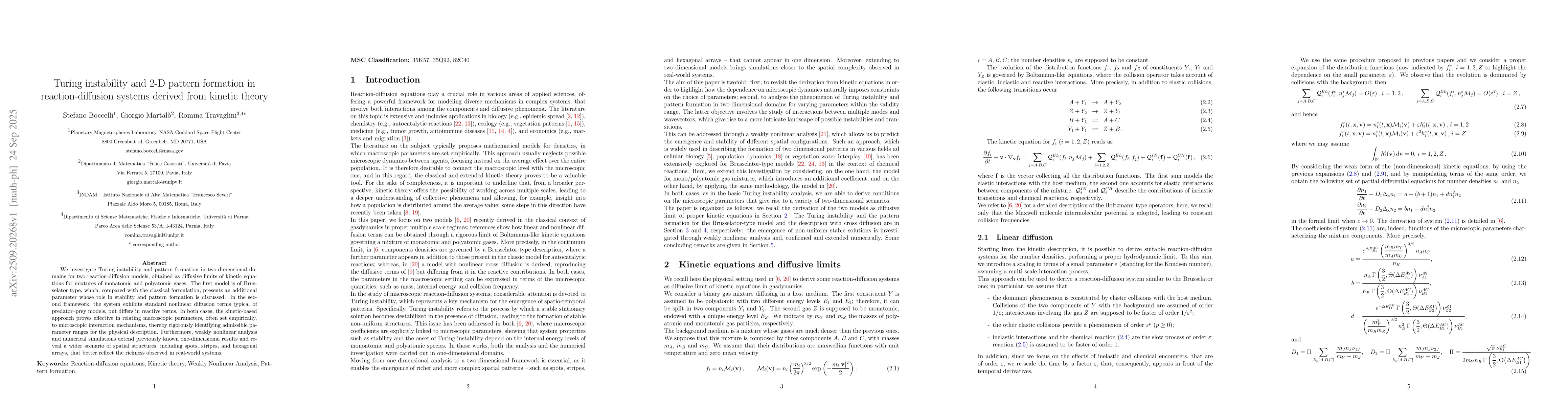 Thumbnail for Turing instability and 2-D pattern formation in reaction-diffusion
  systems derived from kinetic theory