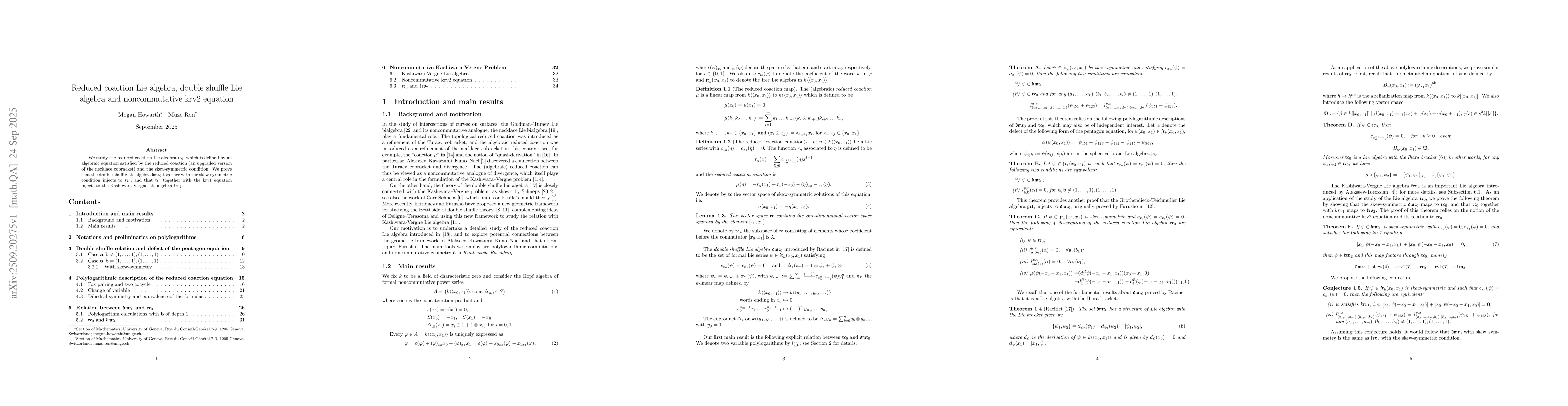 Thumbnail for Reduced coaction Lie algebra, double shuffle Lie algebra and
  noncommutative krv2 equation