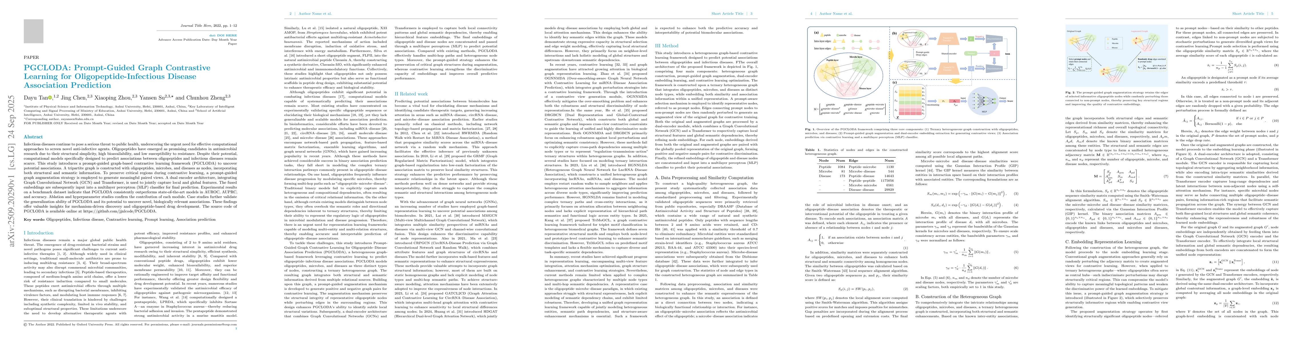 Thumbnail for PGCLODA: Prompt-Guided Graph Contrastive Learning for
  Oligopeptide-Infectious Disease Association Prediction