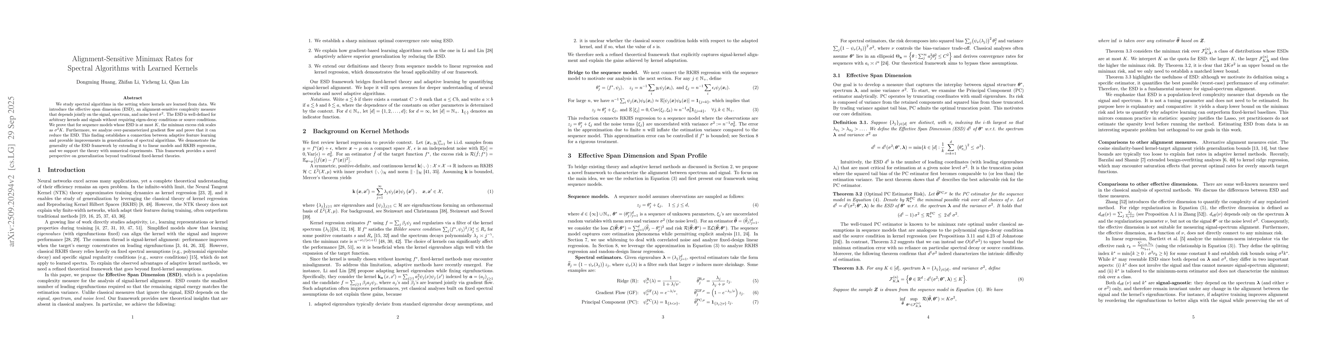 Thumbnail for Alignment-Sensitive Minimax Rates for Spectral Algorithms with Learned
  Kernels