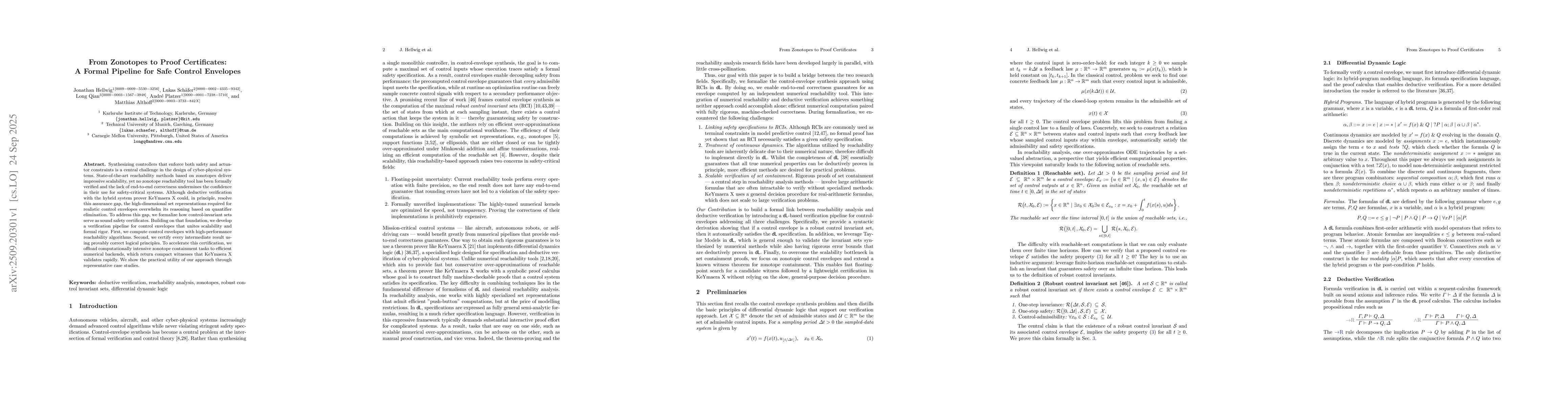 Thumbnail for From Zonotopes to Proof Certificates: A Formal Pipeline for Safe Control
  Envelopes