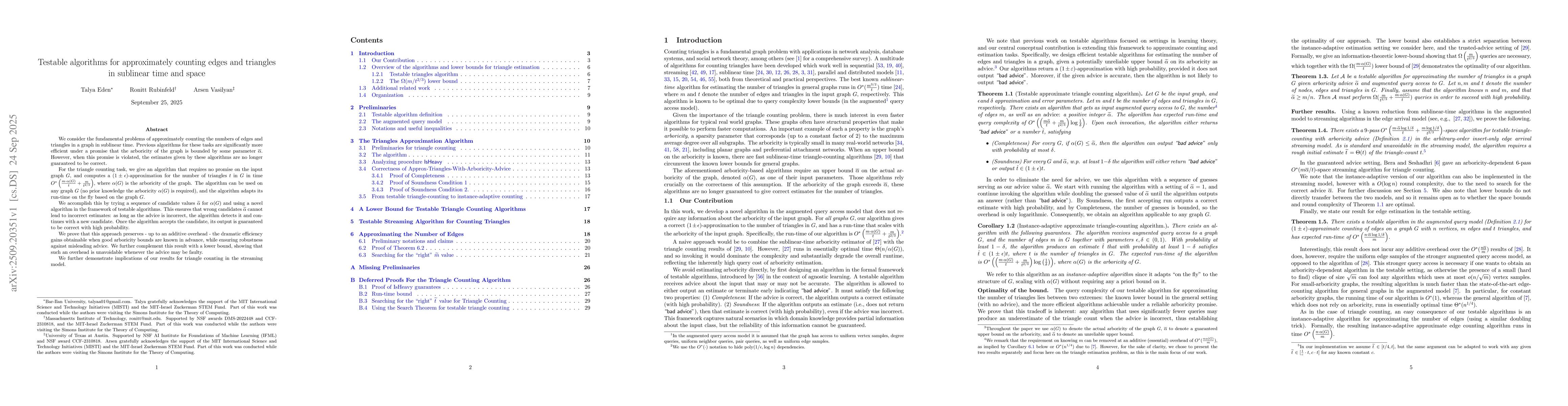 Thumbnail for Testable algorithms for approximately counting edges and triangles in
  sublinear time and space