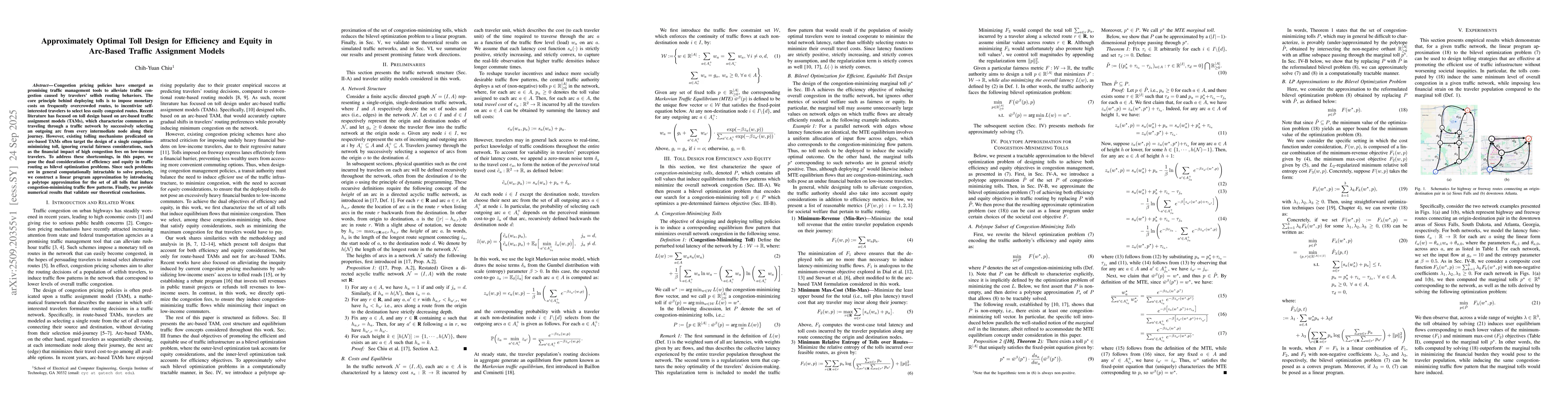 Thumbnail for Approximately Optimal Toll Design for Efficiency and Equity in Arc-Based
  Traffic Assignment Models