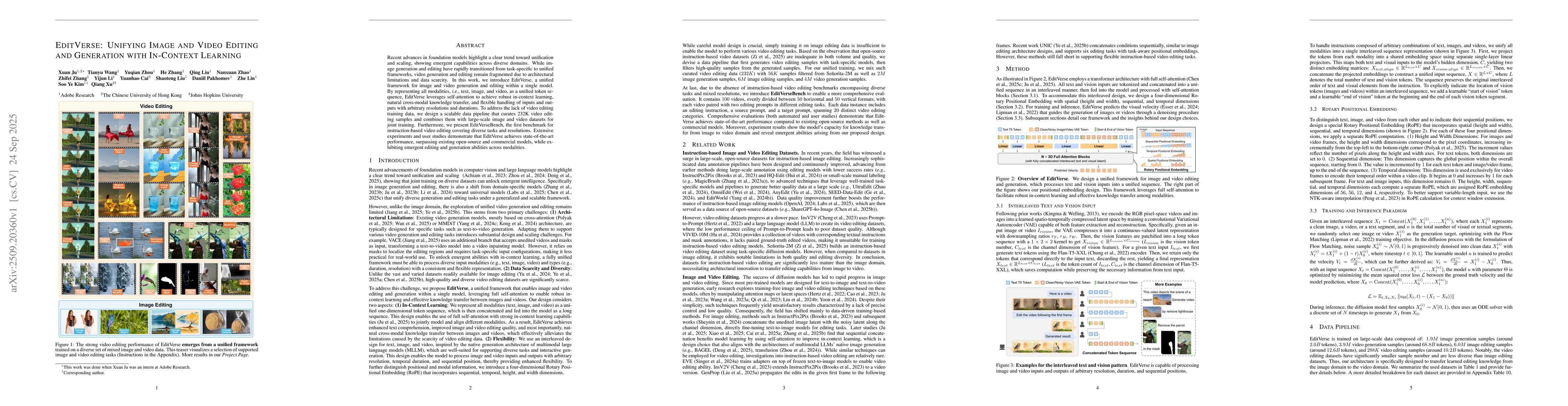 Thumbnail for EditVerse: Unifying Image and Video Editing and Generation with
  In-Context Learning
