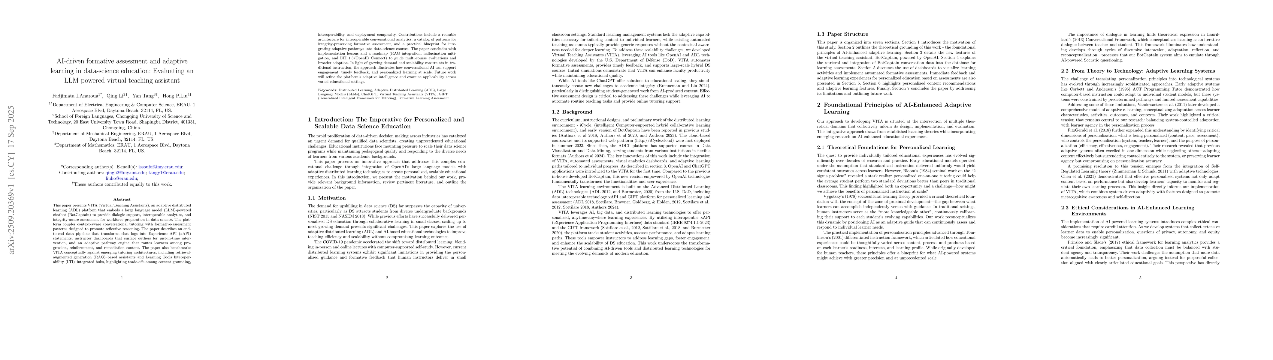 Thumbnail for AI-driven formative assessment and adaptive learning in data-science
  education: Evaluating an LLM-powered virtual teaching assistant