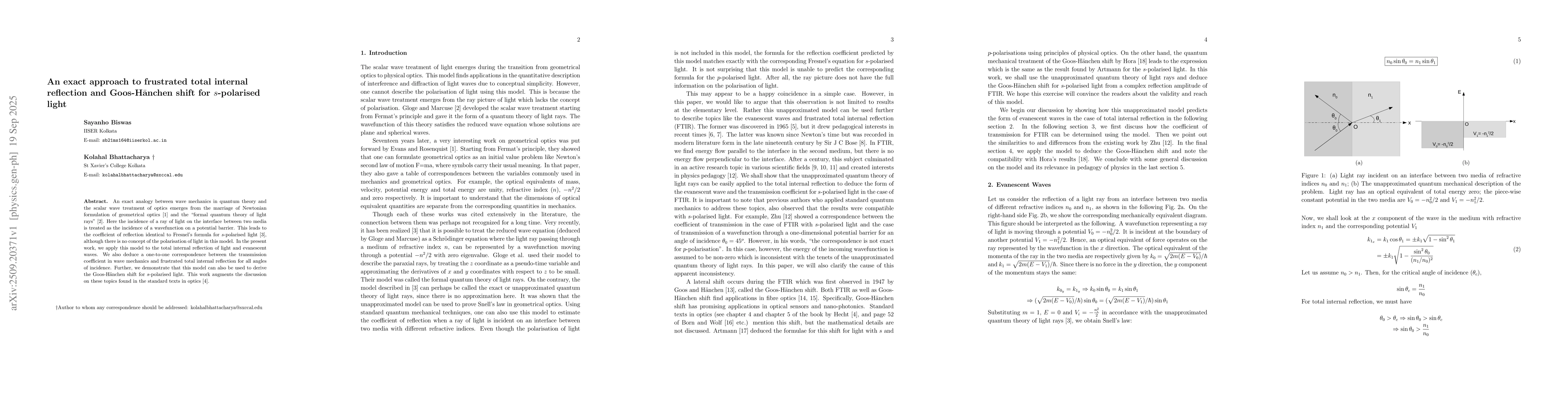 Thumbnail for An exact approach to frustrated total internal reflection and
  Goos-Hänchen shift for s-polarised light