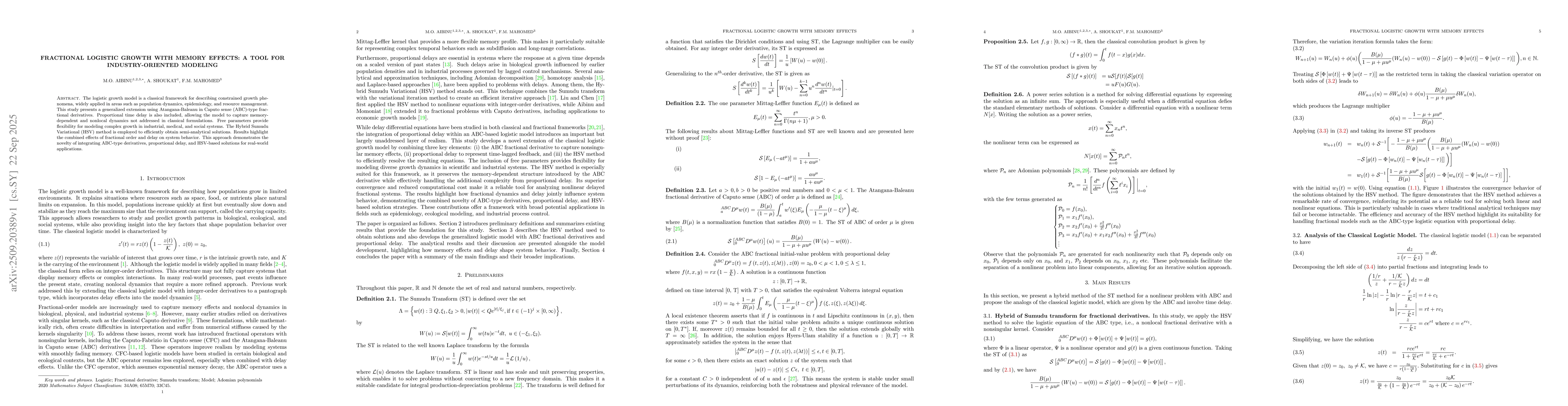 Thumbnail for Fractional Logistic Growth with Memory Effects: A Tool for
  Industry-Oriented Modeling