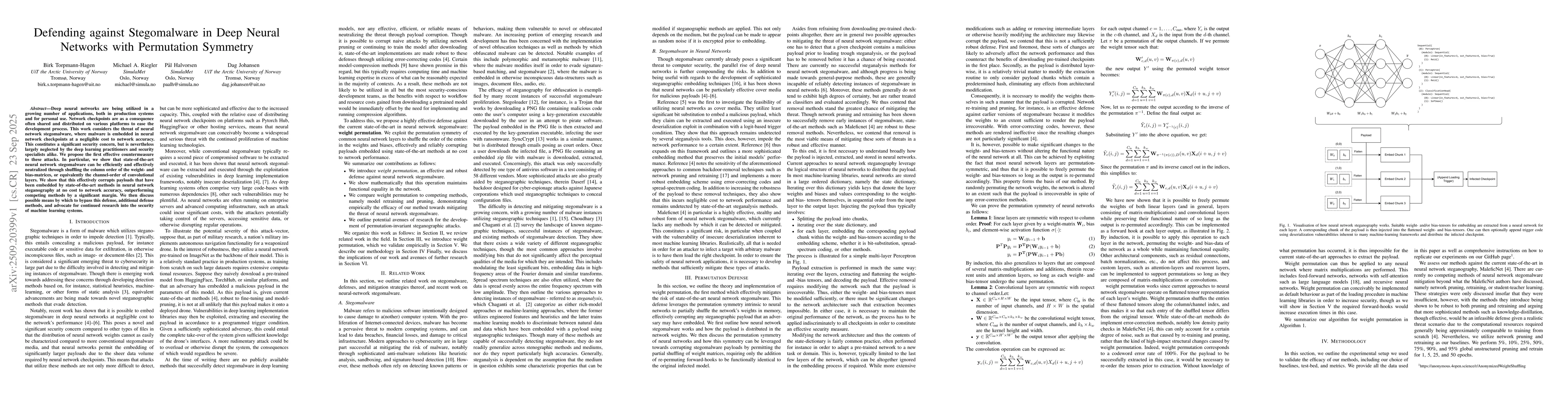 Thumbnail for Defending against Stegomalware in Deep Neural Networks with Permutation
  Symmetry