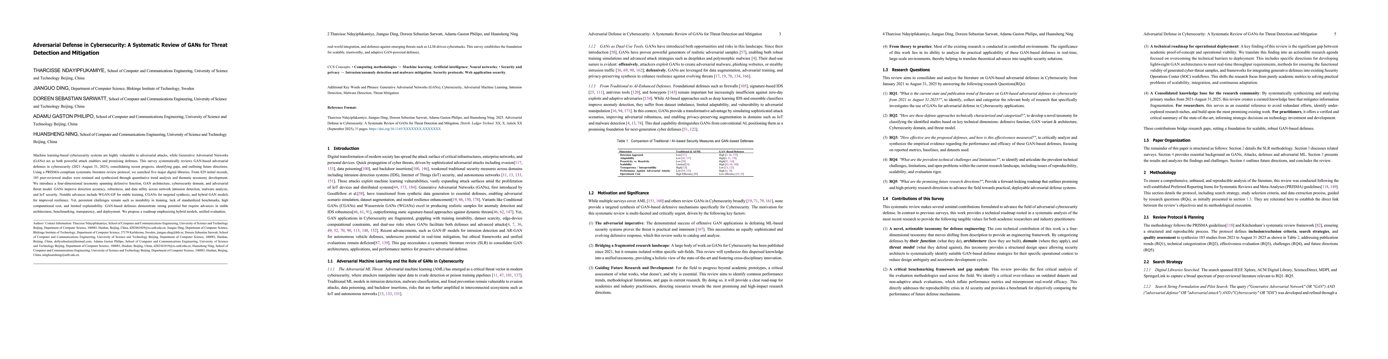 Thumbnail for Adversarial Defense in Cybersecurity: A Systematic Review of GANs for
  Threat Detection and Mitigation