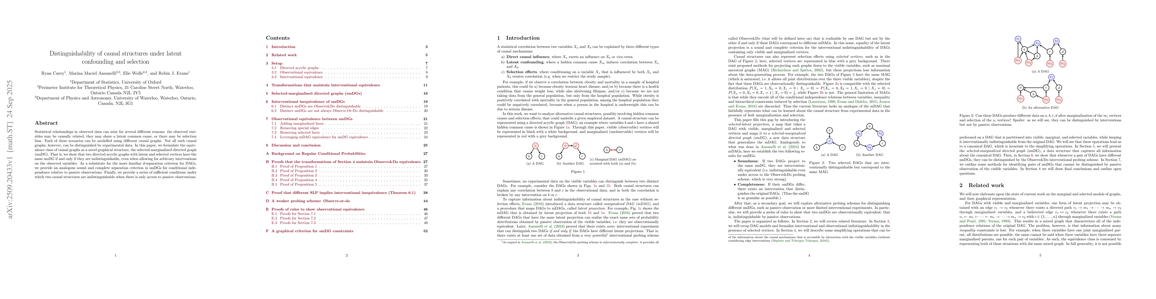 Thumbnail for Distinguishability of causal structures under latent confounding and
  selection