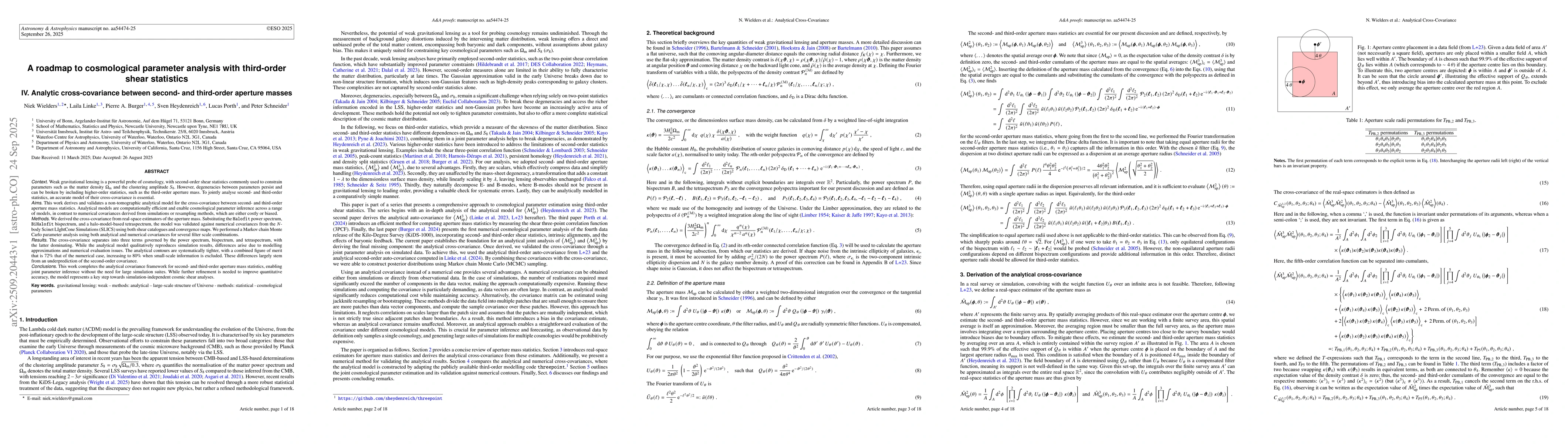 Thumbnail for A roadmap to cosmological parameter analysis with third-order shear
  statistics IV. Analytic cross-covariance between second- and third-order
  aperture masses