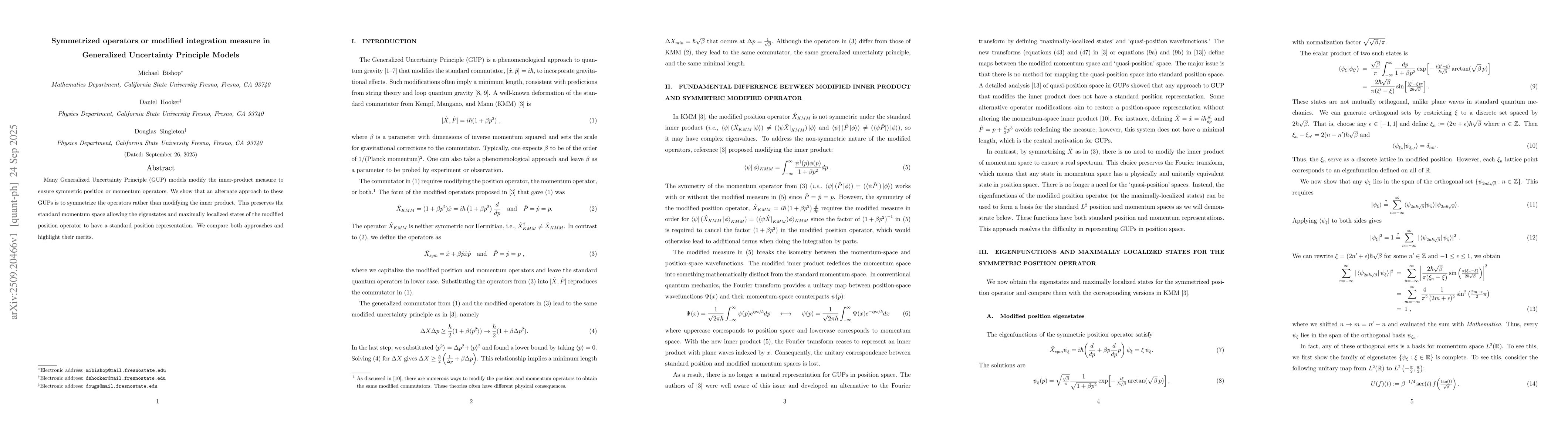 Thumbnail for Symmetrized operators or modified integration measure in Generalized
  Uncertainty Principle Models