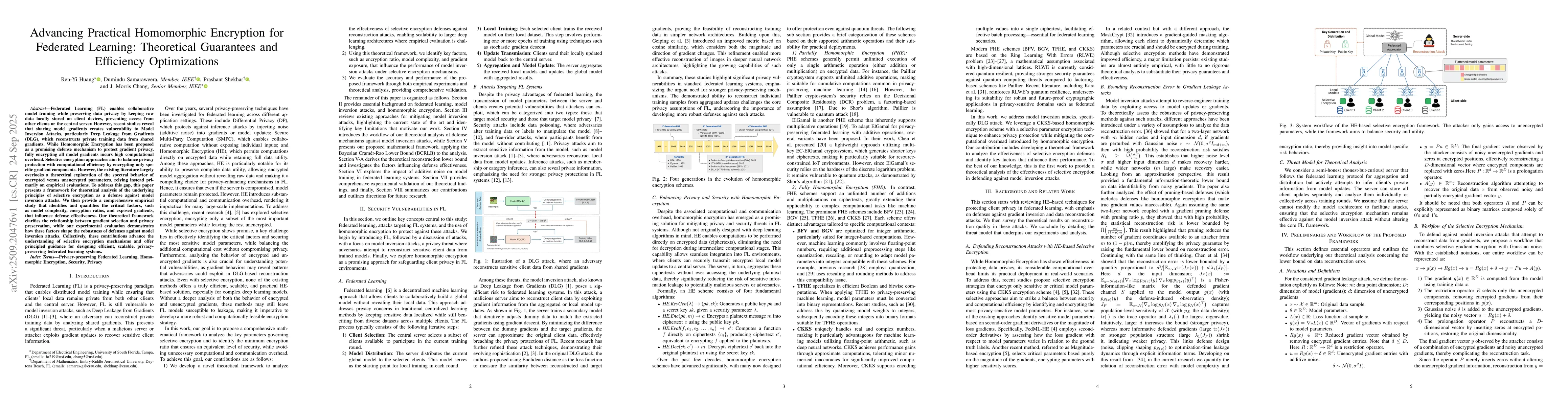 Thumbnail for Advancing Practical Homomorphic Encryption for Federated Learning:
  Theoretical Guarantees and Efficiency Optimizations