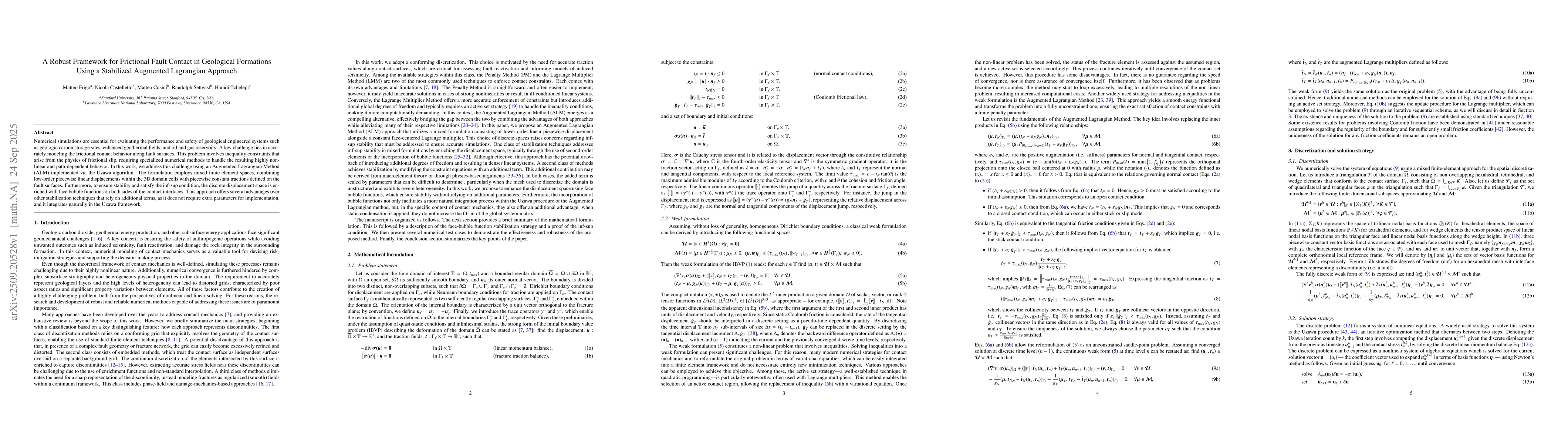 Thumbnail for A robust framework for frictional fault contact in geological formations
  using a stabilized augmented Lagrangian approach