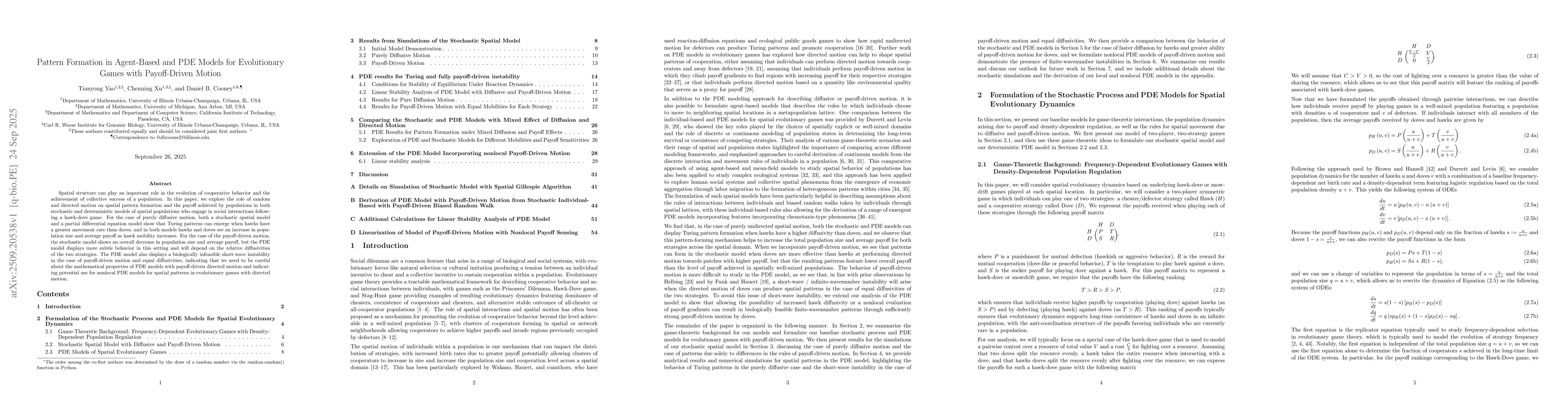 Thumbnail for Pattern Formation in Agent-Based and PDE Models for Evolutionary Games
  with Payoff-Driven Motion