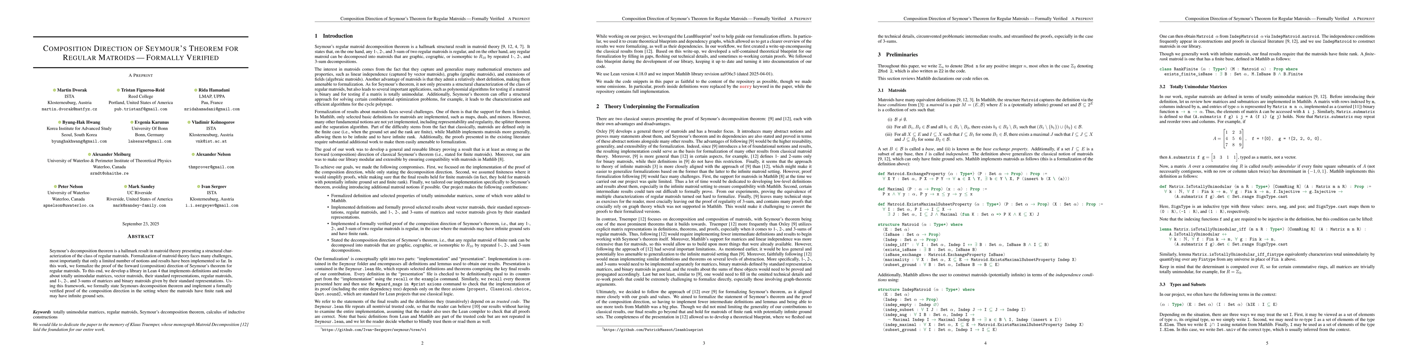 Thumbnail for Composition Direction of Seymour's Theorem for Regular Matroids --
  Formally Verified