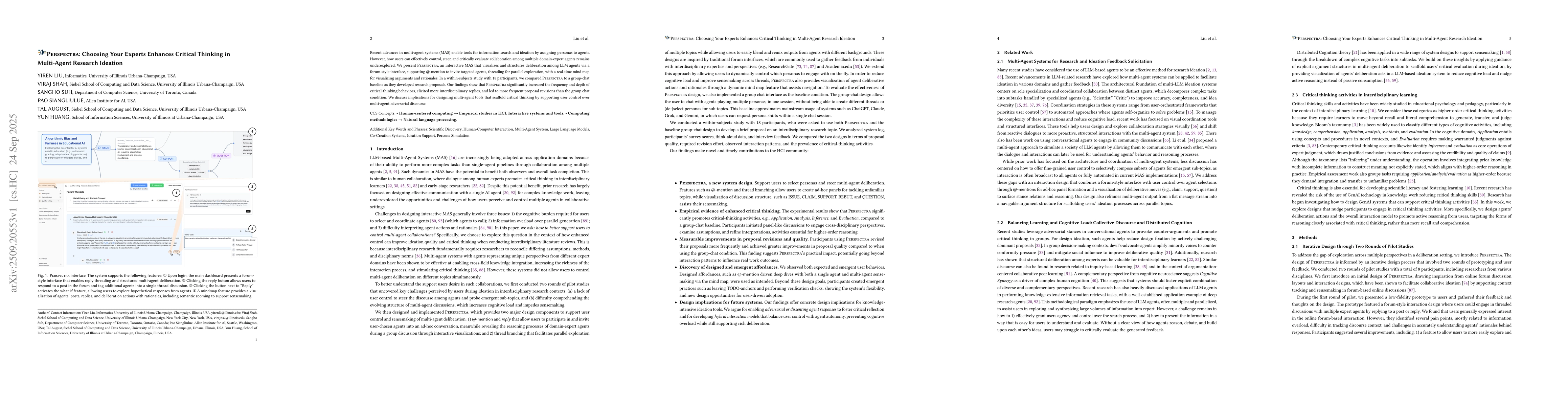 Thumbnail for Perspectra: Choosing Your Experts Enhances Critical Thinking in
  Multi-Agent Research Ideation