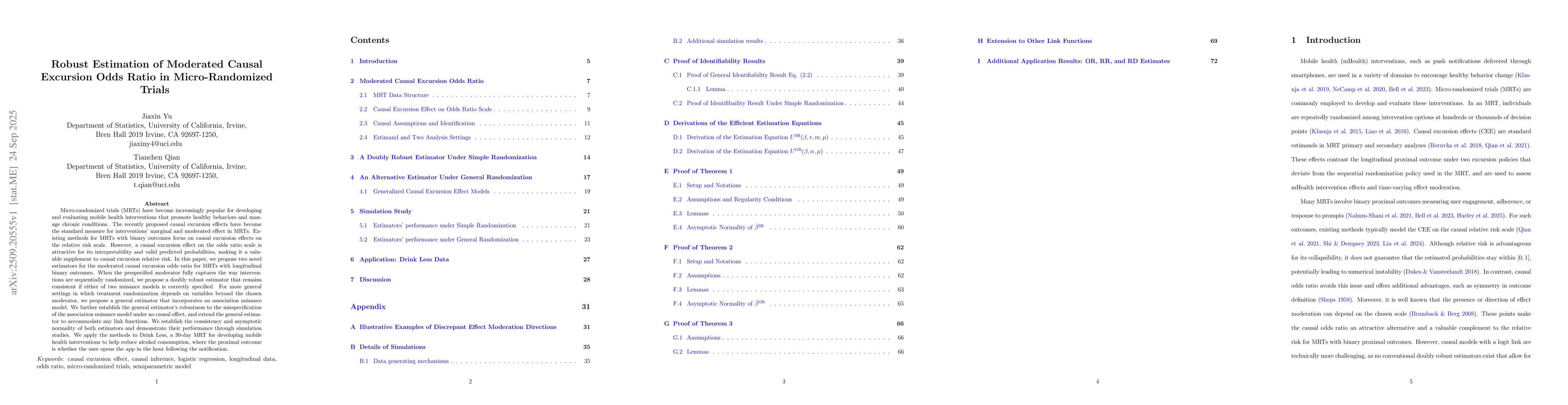 Thumbnail for Robust Estimation of Moderated Causal Excursion Odds Ratio in
  Micro-Randomized Trials