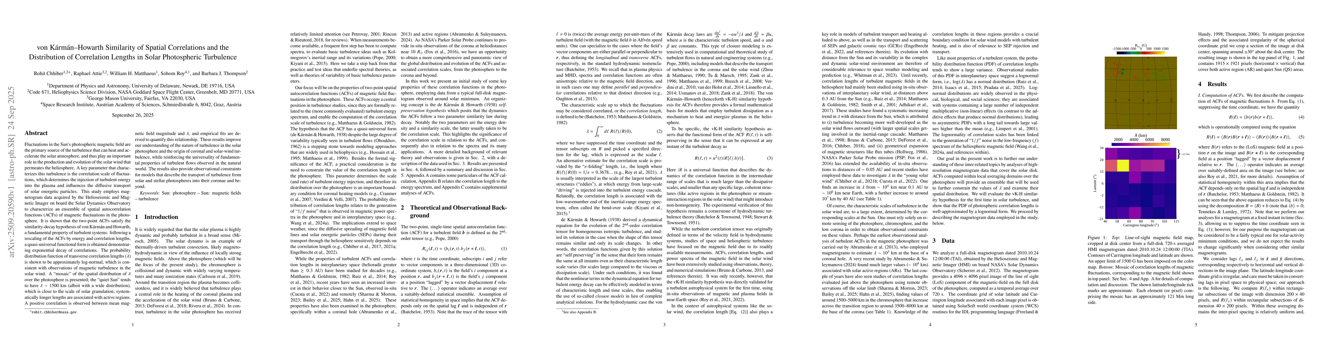 Thumbnail for von Kármán--Howarth Similarity of Spatial Correlations and the
  Distribution of Correlation Lengths in Solar Photospheric Turbulence