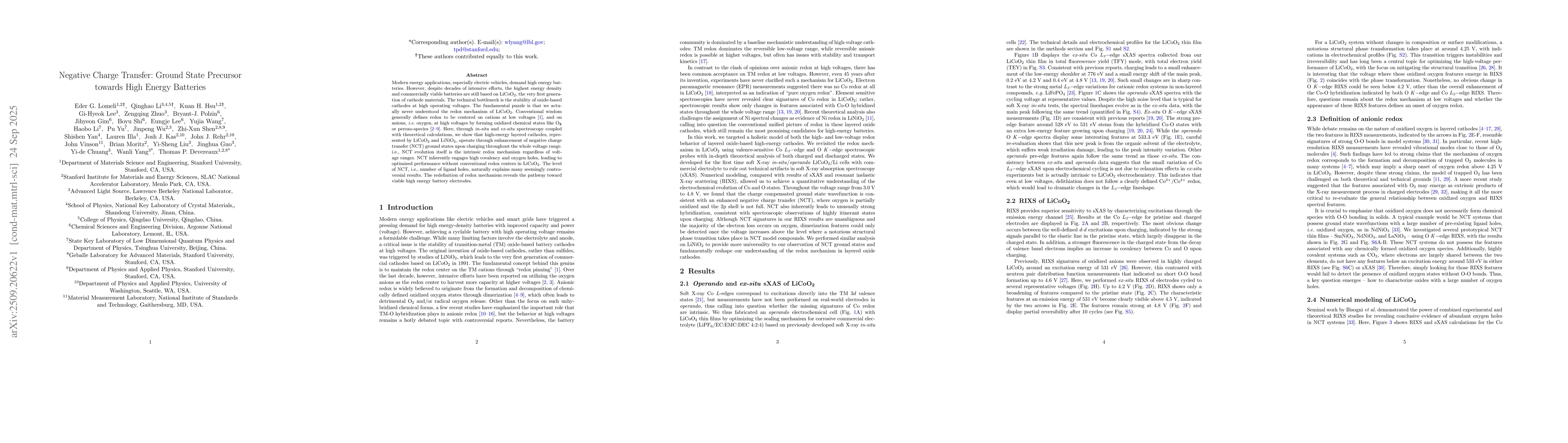 Thumbnail for Negative Charge Transfer: Ground State Precursor towards High Energy
  Batteries