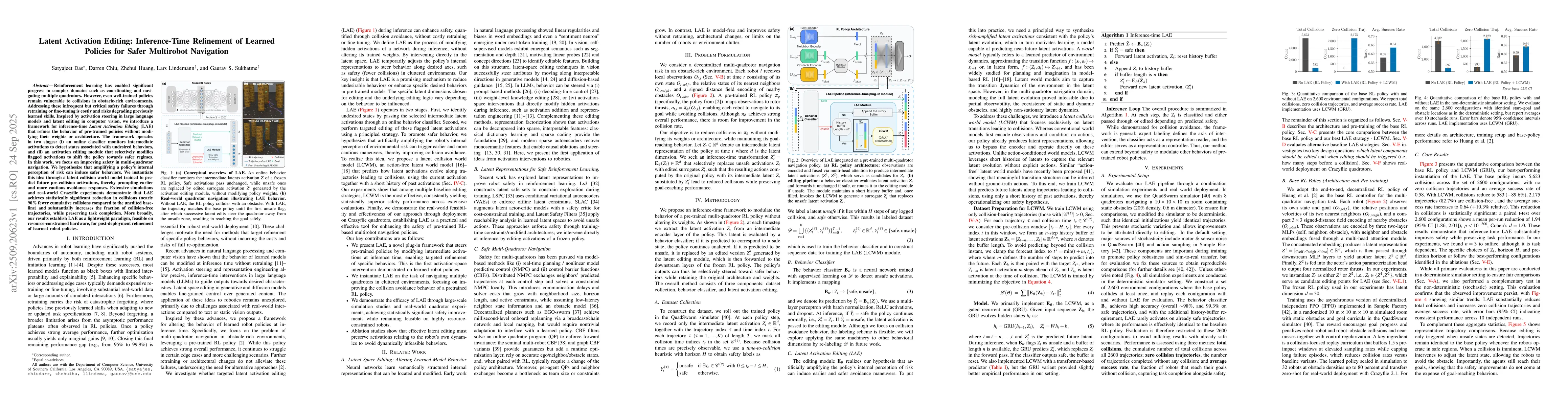 Thumbnail for Latent Activation Editing: Inference-Time Refinement of Learned Policies
  for Safer Multirobot Navigation